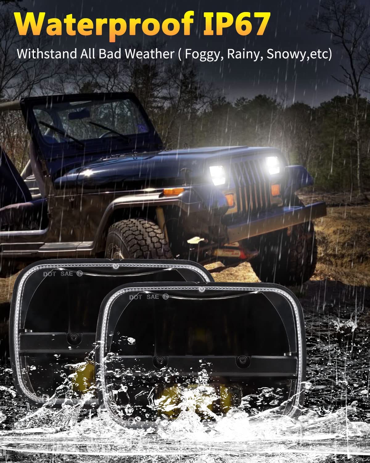 1 Pair 105W 5x7" / 6x7" Rectangular Headlights Compatible with 1997-2010 Jeep Wrangler YJ Cherokee XJ Kenworth T300 Replacement H6054 H6054LL 69822 6052 6053 (2PCS)