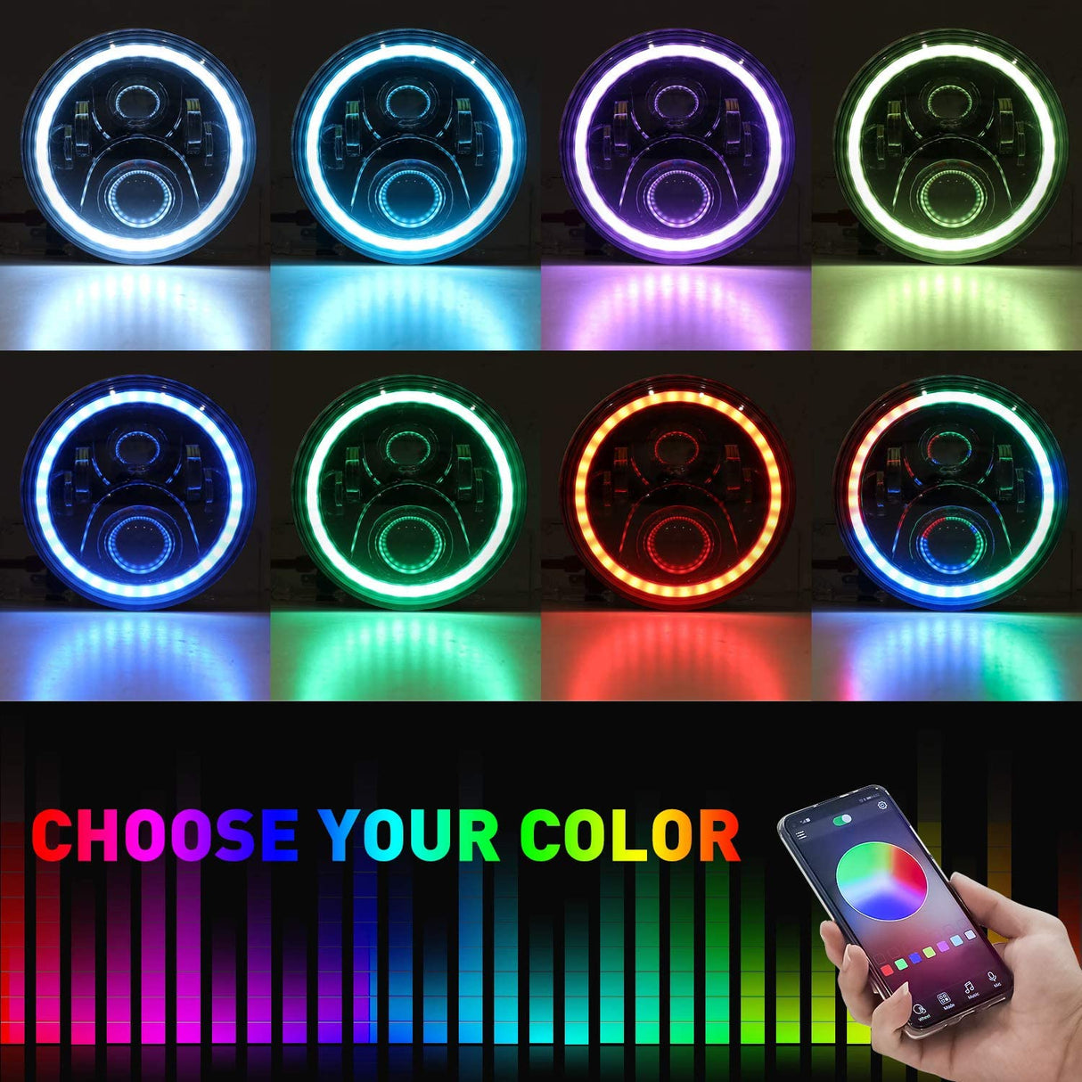 1997-2018 Jeep Wrangler 7 Inch RGB Halo Headlights And Fog Lights Bluetooth Color Control Dot Kits For 19972018 Jk Jku Tj Ljw Ring Drl Amber Turn Signal hi/lo Beam Multicolor