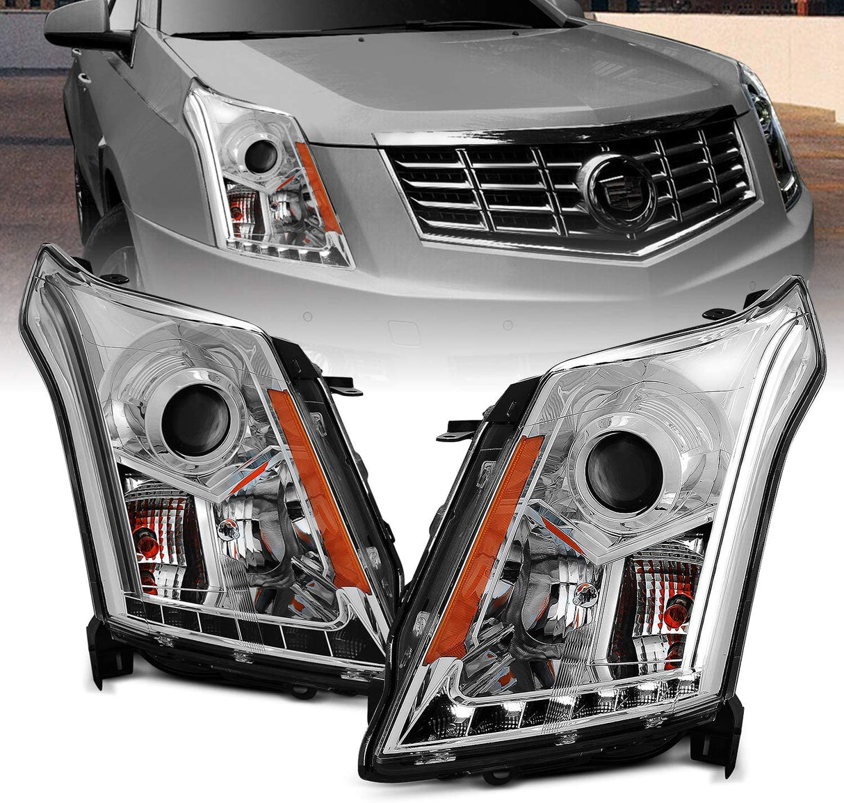 Amerilite Chrome Projector Replacement Headlights LED Boards For 20102016 Cadillac Srx Version Only Passenger And Driver Side