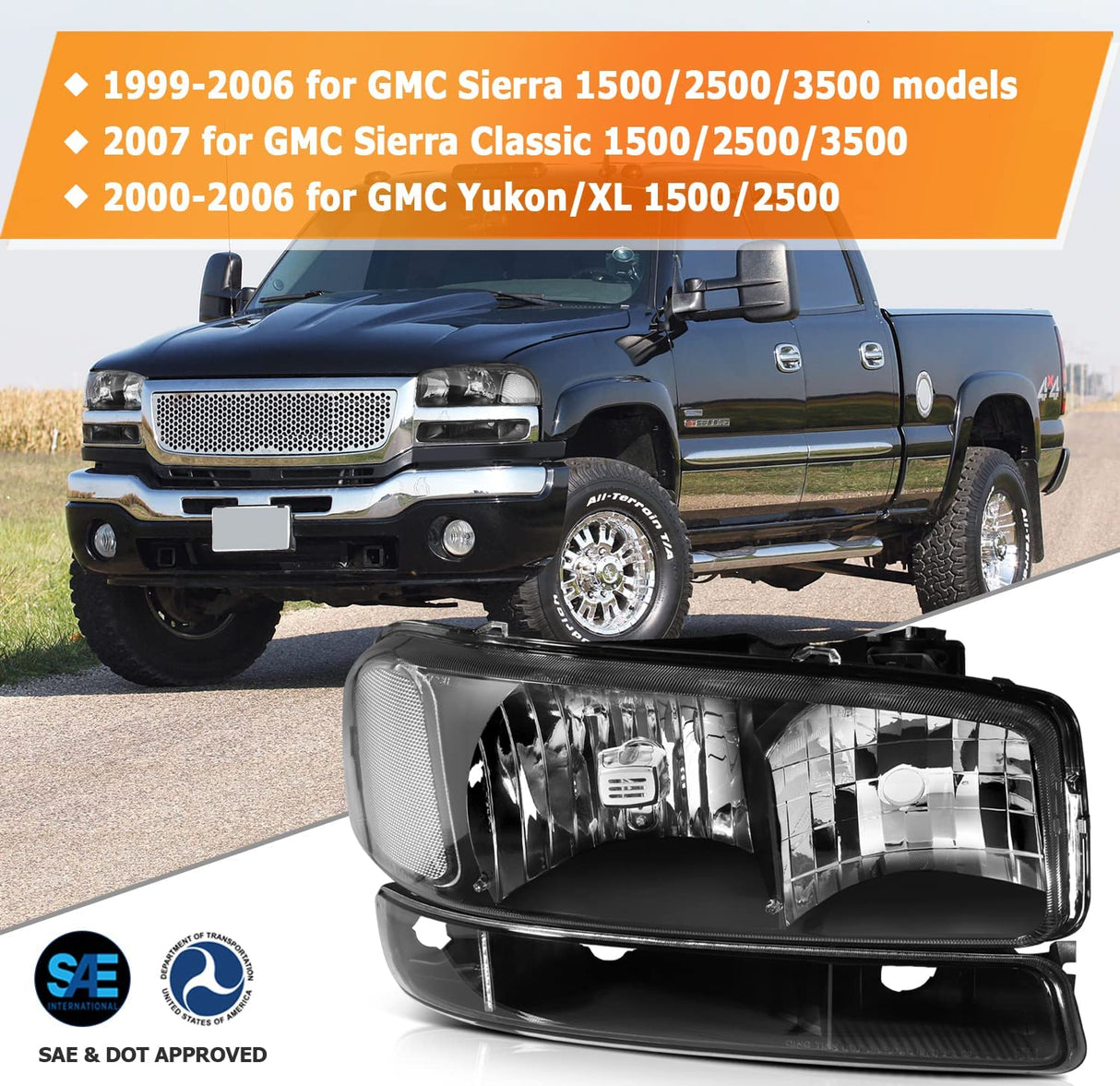 Lbrst Headlights Assembly For 19992006 Gmc Sierra 1500 20072007 Classic Black Housing Reflector Clear Lens Driver Passenger Side
