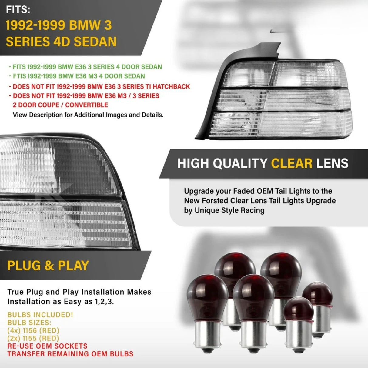 BMW 3 Series E36 All Clear Frosted Lens Tail Lights (1992-1998)