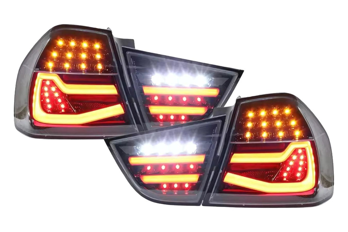 LED Tail Lights BMW 325i 328i 330i 335i E90 Sedan (09-11) Sequential Signal Red / Chrome / Black - K2 Industries