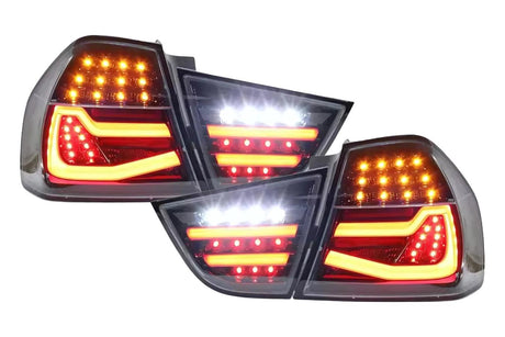 LED Tail Lights BMW 325i 328i 330i 335i E90 Sedan (09-11) Sequential Signal Red / Chrome / Black - K2 Industries