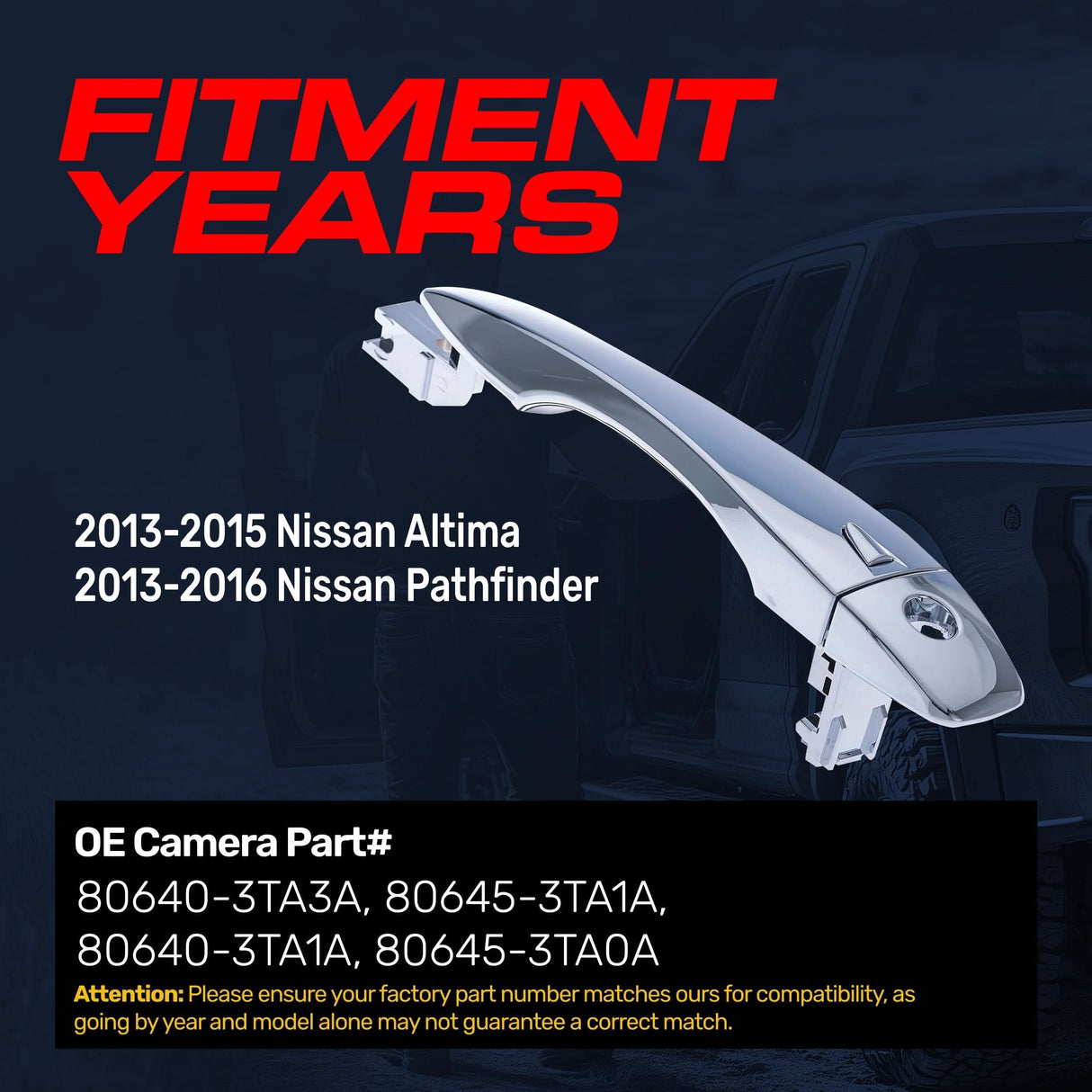 Exterior Door Handle Chrome Replacement for Nissan Altima (13-15), Pathfinder (13-16) OE Part # 80640-3TA3A, 80645-3TA1A, 80640-3TA1A, 80645-3TA0A | Front Left Driver Side w/ Keyhole