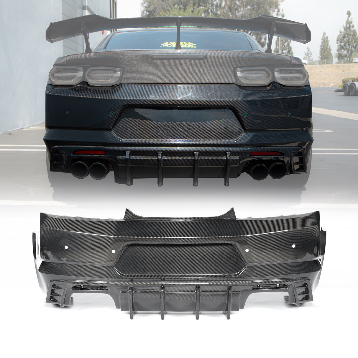 2019-2025 Camaro RS/SS/ZL1 Gloss Double Sided Carbon Fiber Rear Bumper w/Rear Diffuser Quad Tips 1pc