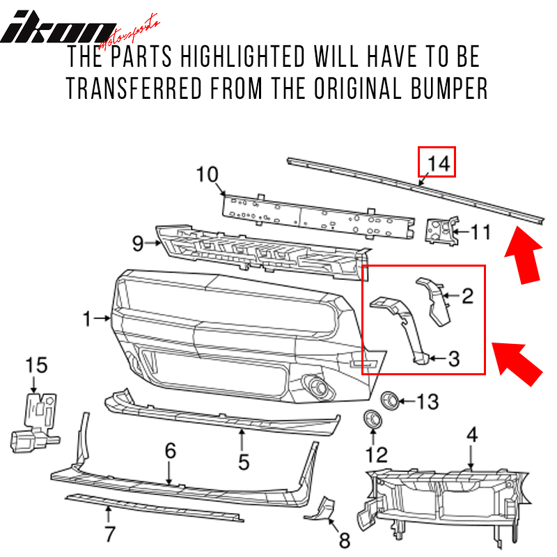 Fits 08-14 Challenger Front Bumper + Lip + Fender Flares + Headlights