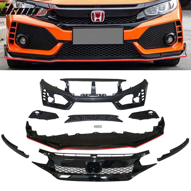 2016-2021 Honda Civic Front Bumper + Grille + Lip Gloss Black Type-R