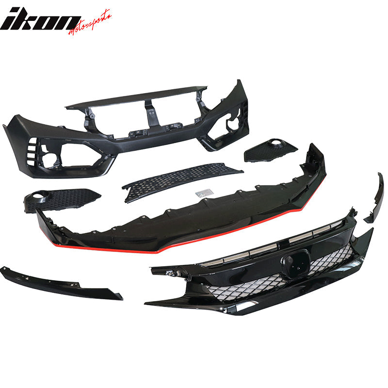 2016-2021 Honda Civic Front Bumper + Grille + Lip Gloss Black Type-R