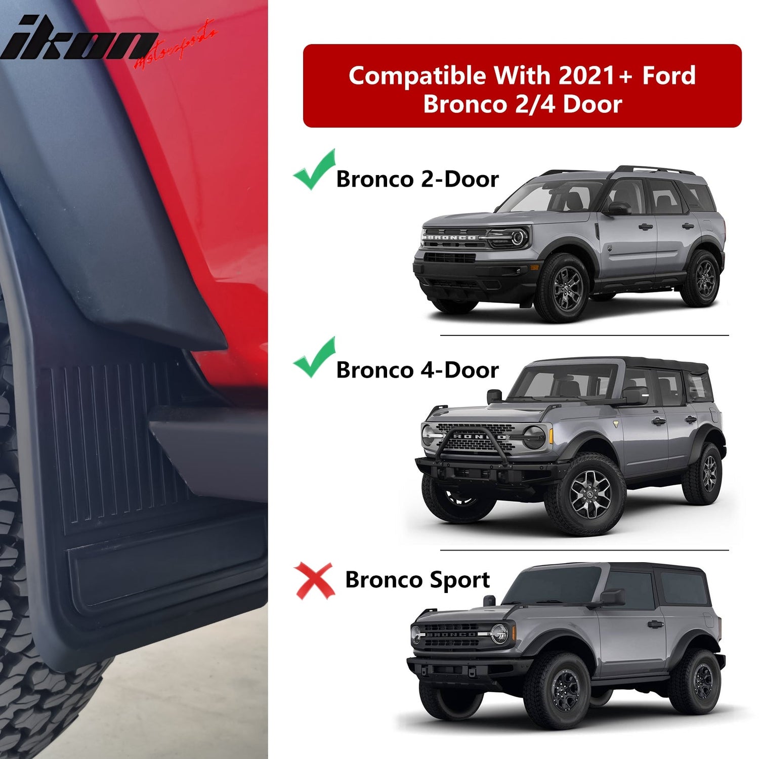 2021-2025 Ford Bronco Black 4PCS Front Rear Mud Flaps Splash Guards