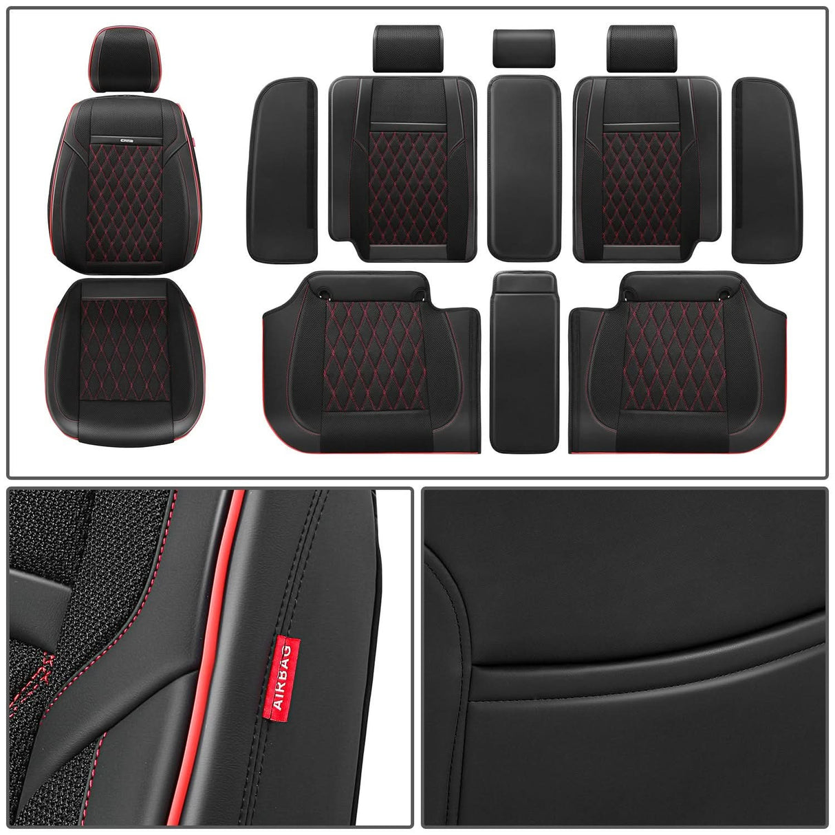 Diamond Stitch Mesh Fabric Seat Covers - Full Set 4PCS Black Red