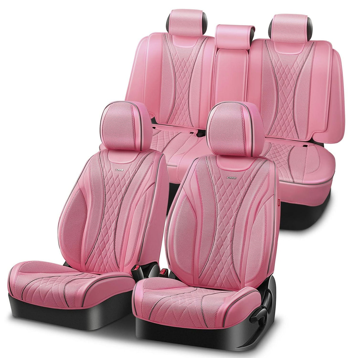 Diamond Stitch Mesh Fabric Leatherette Seat Covers Full Set - Pink