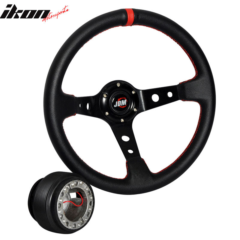 Black W/ Red Stitch Racing Steering Wheel 350MM + JDM Hub Adapter