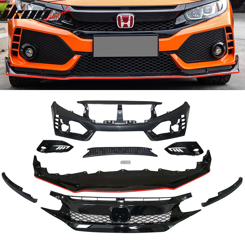 Fits 16-18 Honda Civic TR Front Bumper + Grille + Lip + Foglight Cover