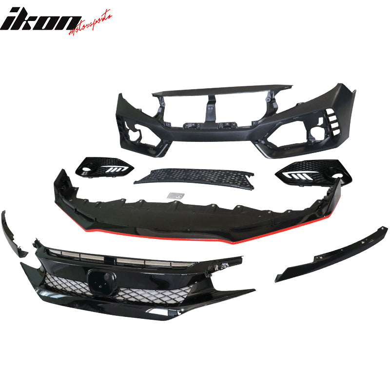 Fits 16-18 Honda Civic TR Front Bumper + Grille + Lip + Foglight Cover
