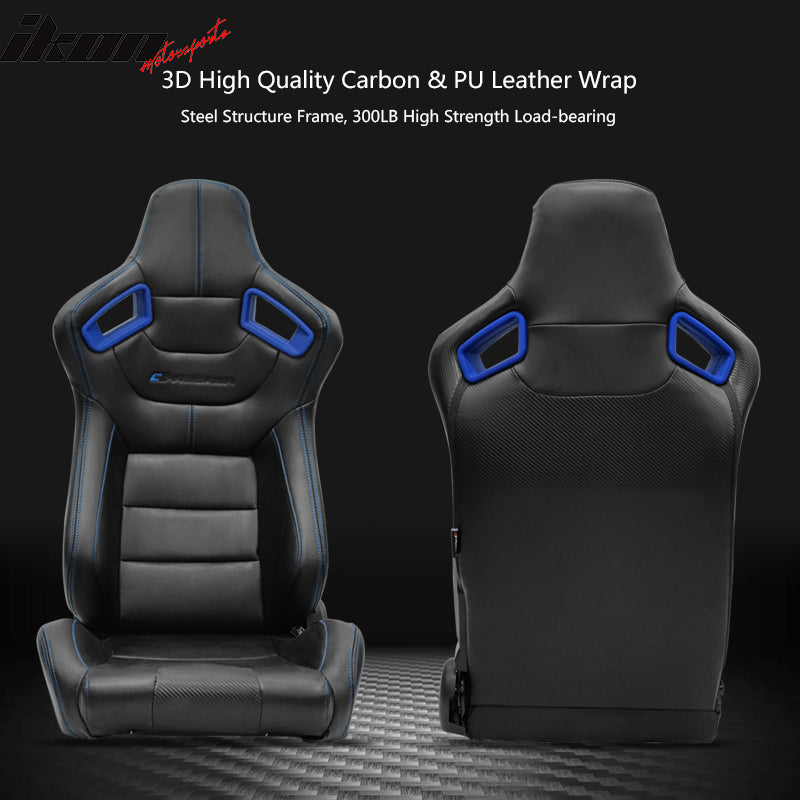 Universal Blue Bezel Racing Seat Dual Slider Cam-lock Belt PU Carbon