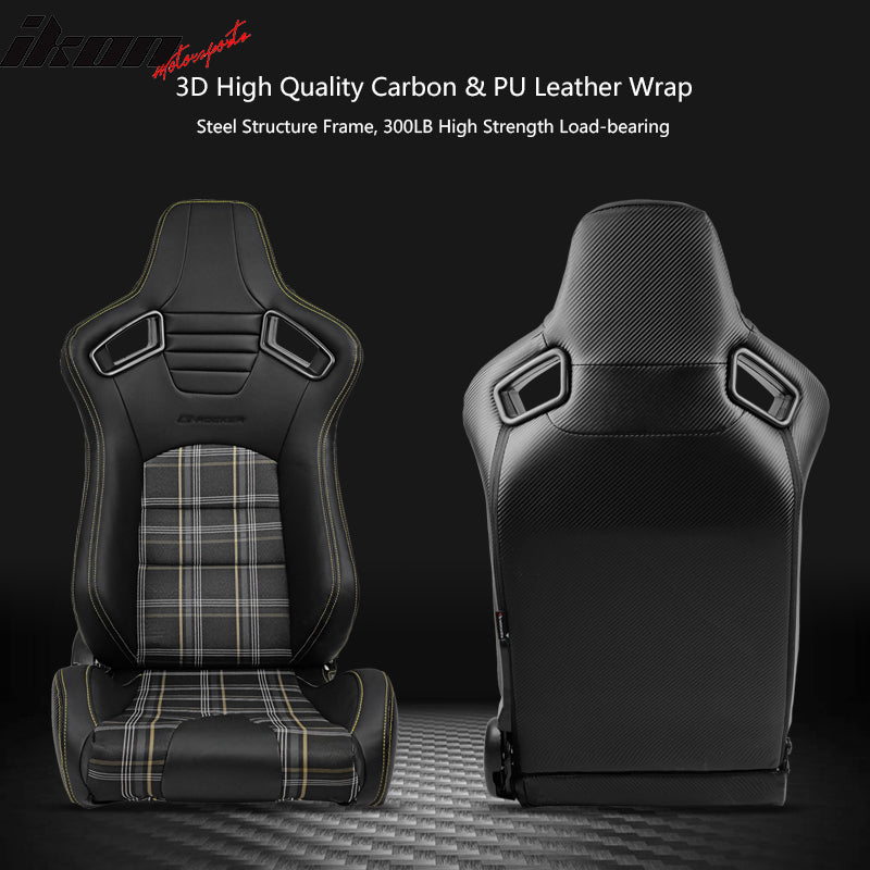 Universal Racing Seat Yellow Plaid Dual Slider Buckle Belt PU Carbon