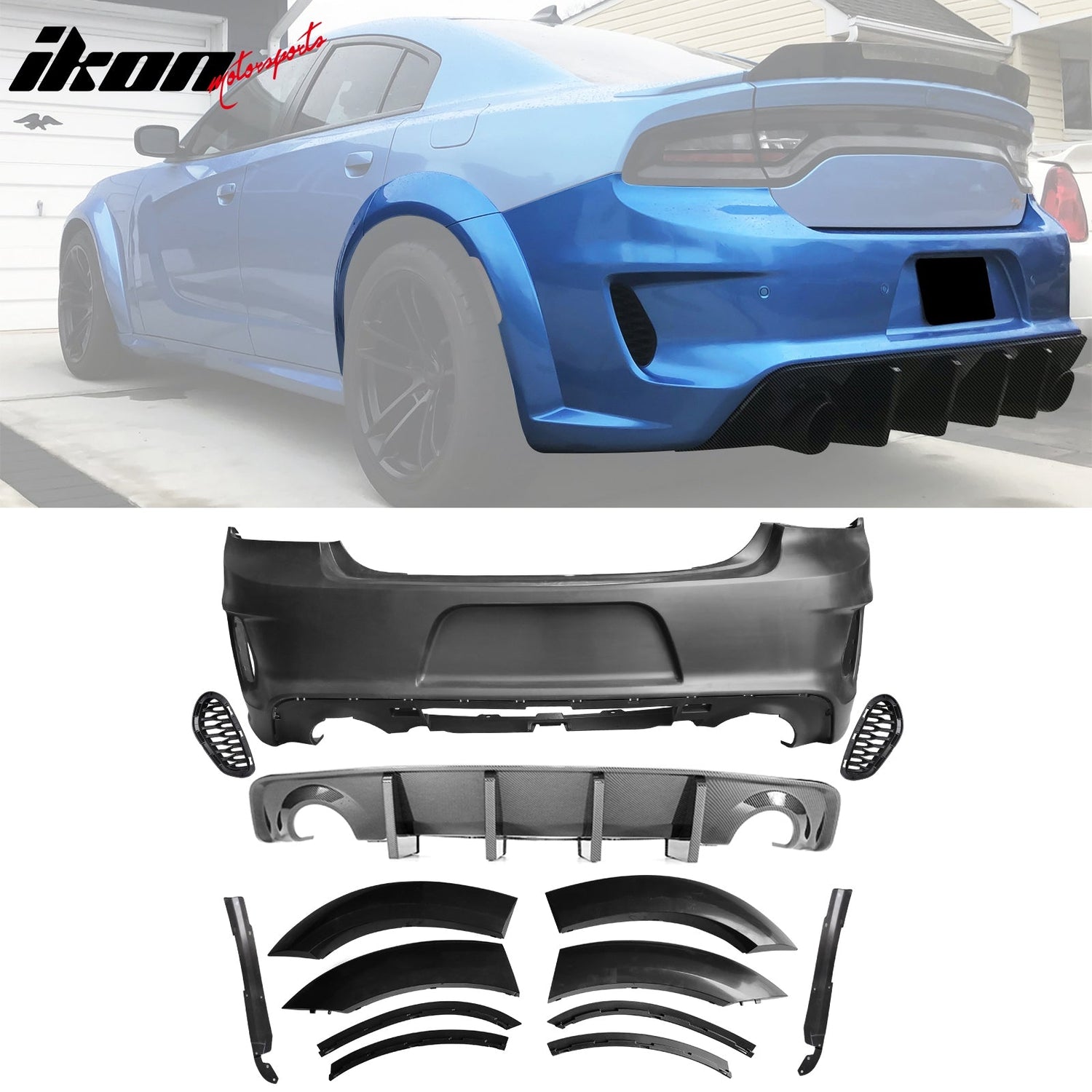 2015-2023 Dodge Charger Widebody Rear Bumper Covers W/ SRT Grilles ABS