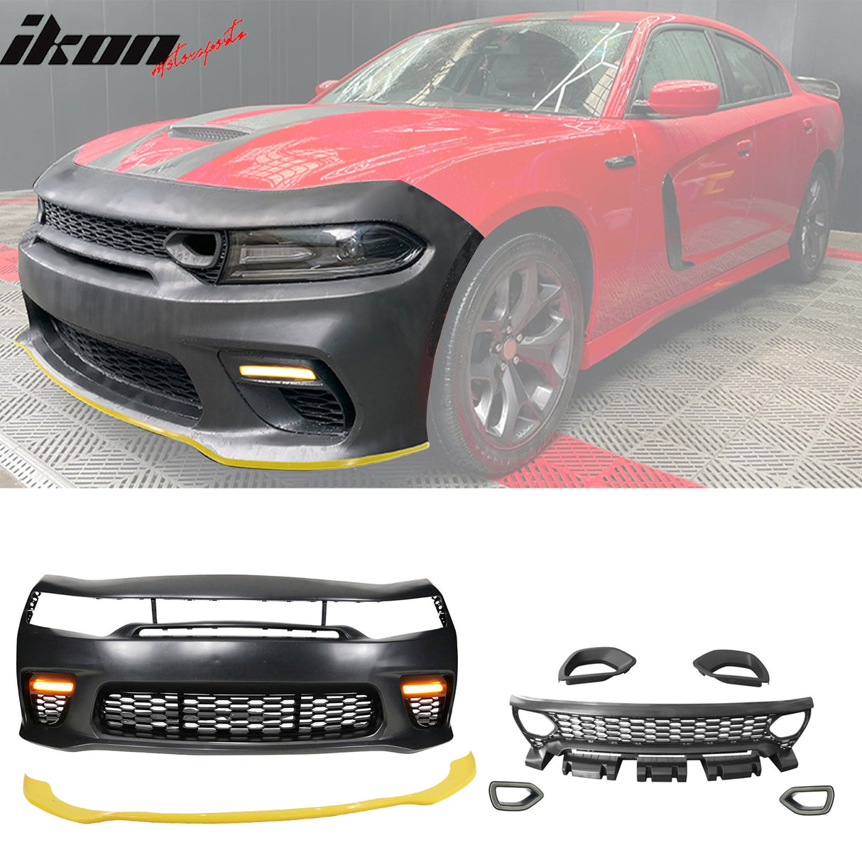2015-2023 Dodge Charger Widebody SRT Front Bumper Yellow Lip PP LED
