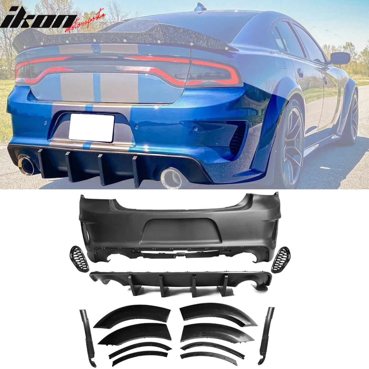 2015-2023 Charger IKON Matte Black Front Rear Bumper Covers LED PP