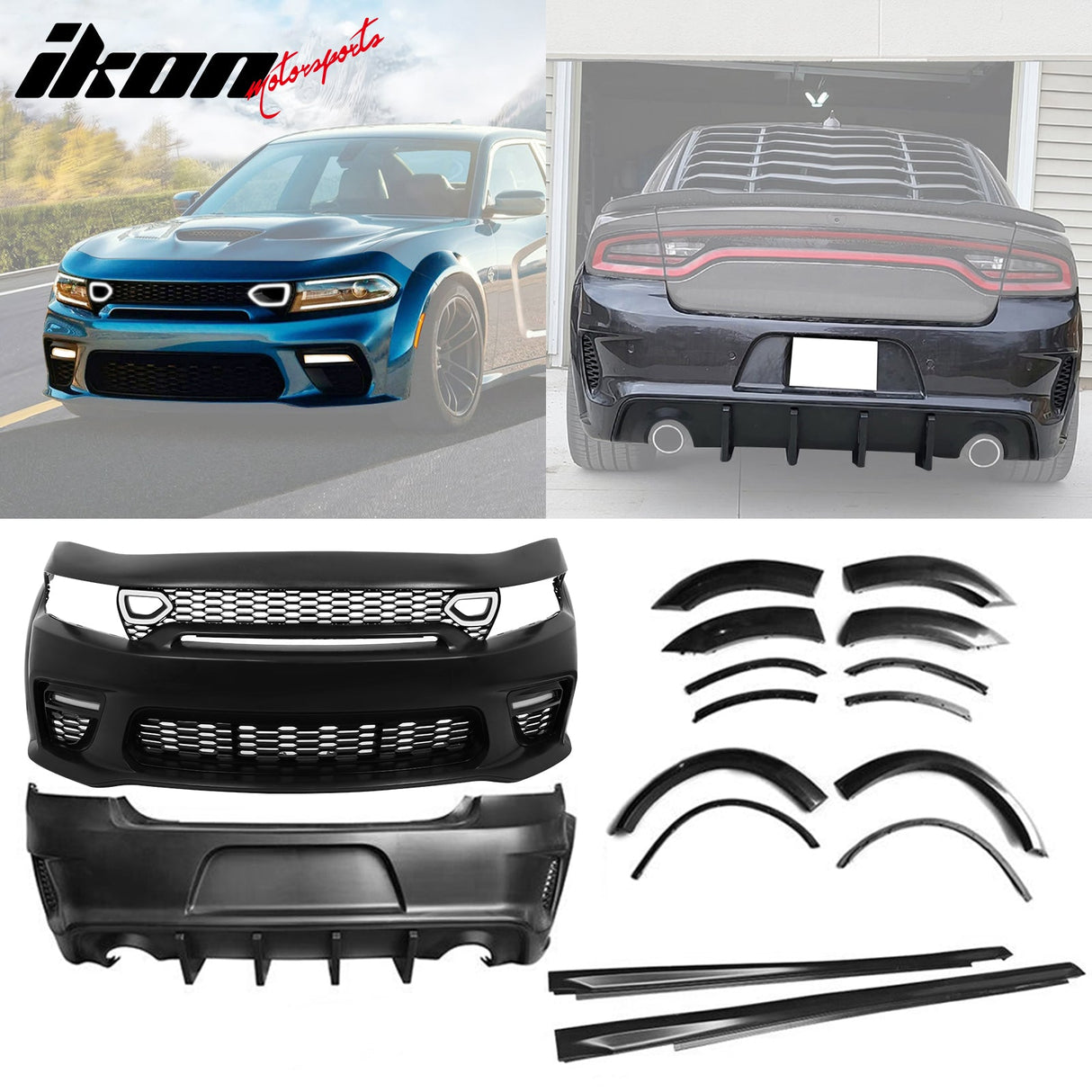 2015-2023 Charger IKON Matte Black Front Rear Bumper Covers LED Grille