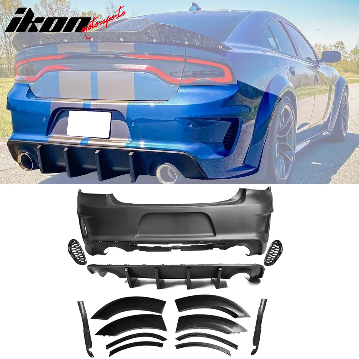 2015-2023 Charger IKON Matte Black Front Rear Bumper Covers LED Grille