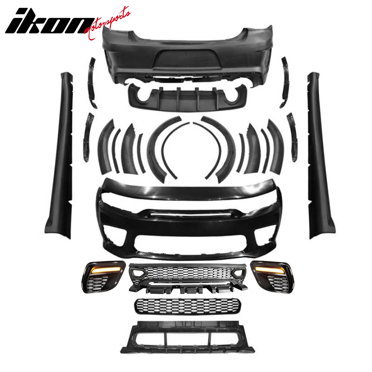 2015-2023 Charger IKON Matte Black Front Rear Bumper Covers LED Grille