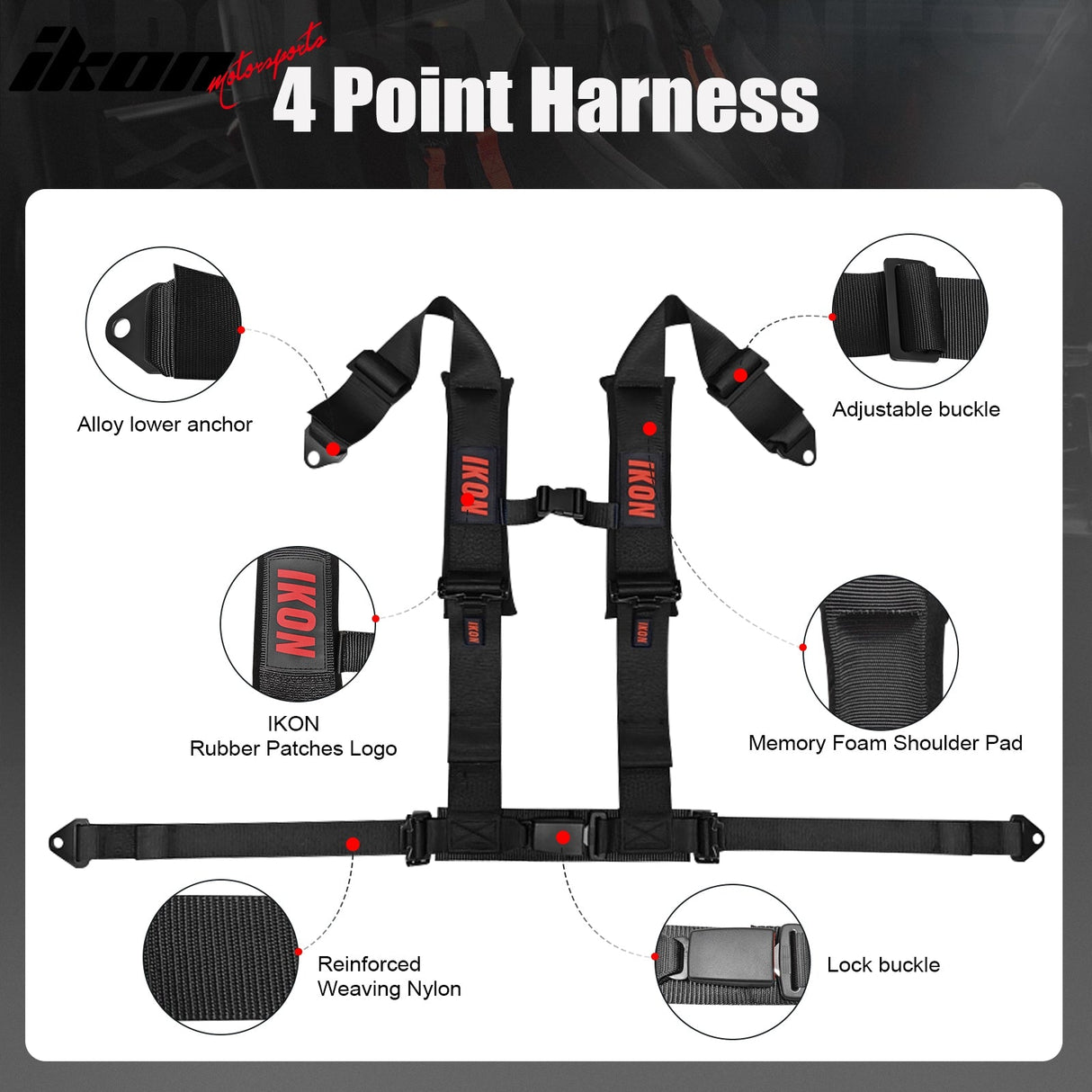 Universal 3" Wide 4 Point Buckle Racing Seat Belt Harness Nylon Black