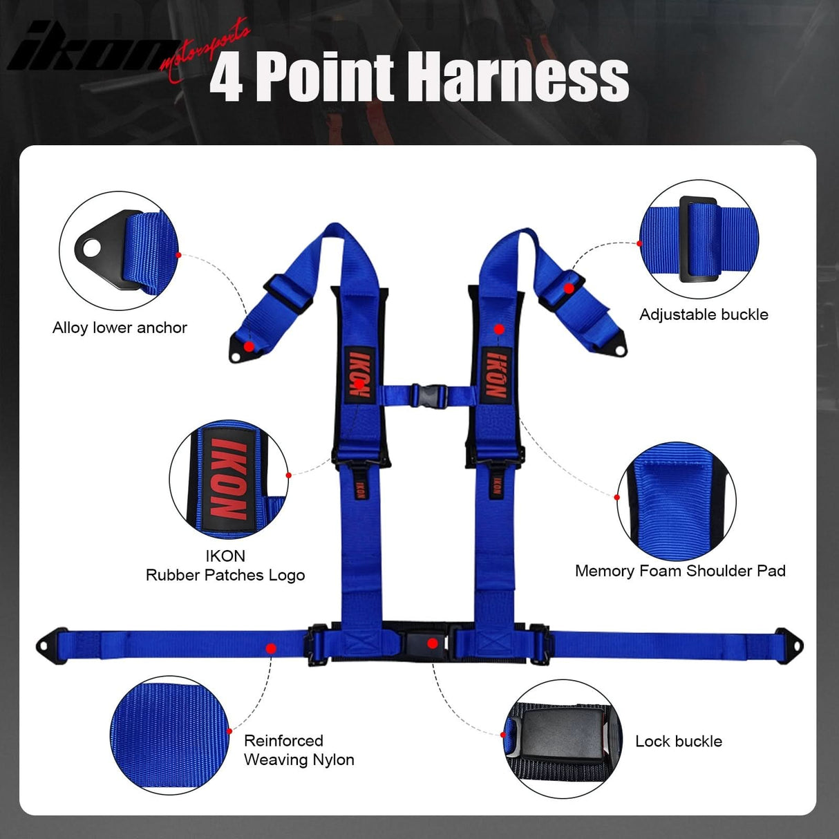 Universal 3" Wide 4 Point Buckle Racing Seat Belt Harness Nylon Blue