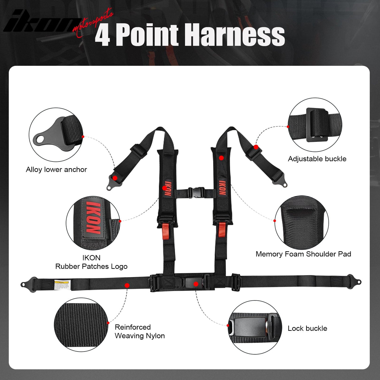 Universal 4 Point Racing Seat Belt Harness 2" Strap Buckle Black