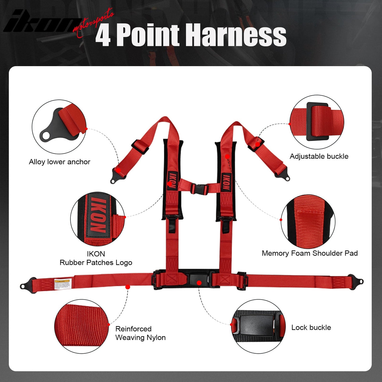 Universal 4 Point Racing Seat Belt Harness 2" Strap Buckle Red