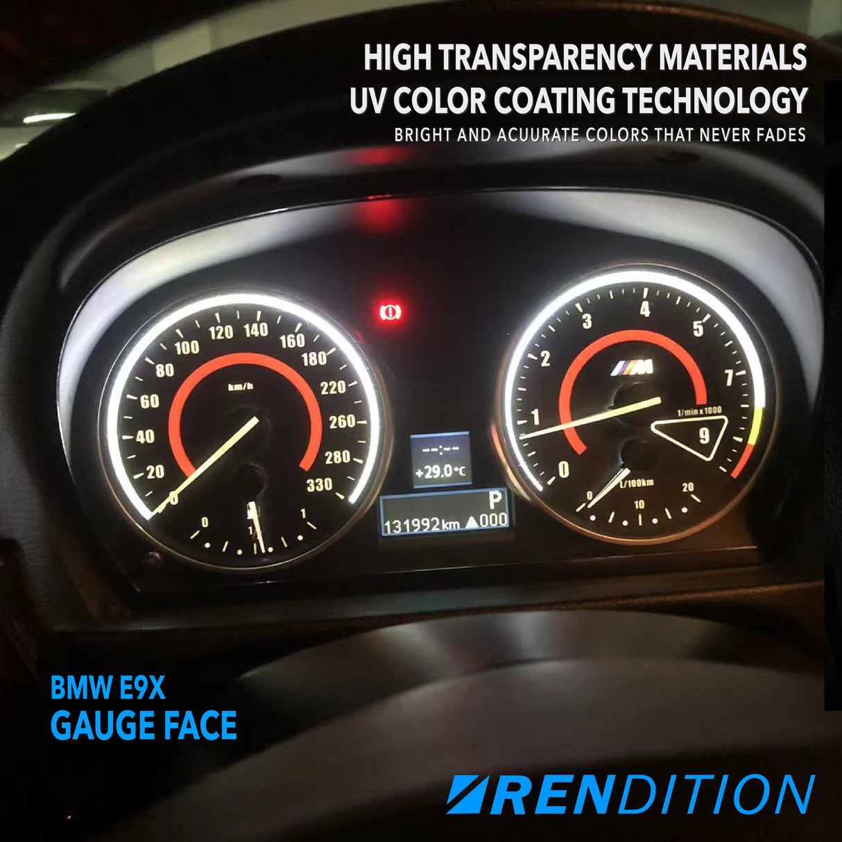 BMW E9X GAUGE FACE / GAUGE OVERLAY FOR 318, 320, 323, 325,328, 330, 335, M3 - K2 Industries