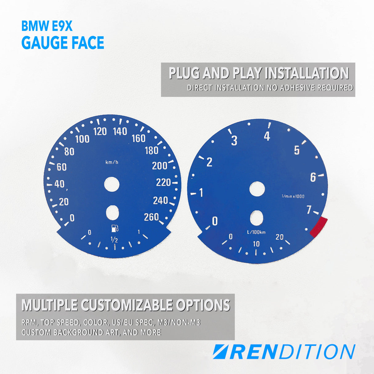 BMW E9X GAUGE FACE / GAUGE OVERLAY FOR 318, 320, 323, 325,328, 330, 335, M3 - K2 Industries