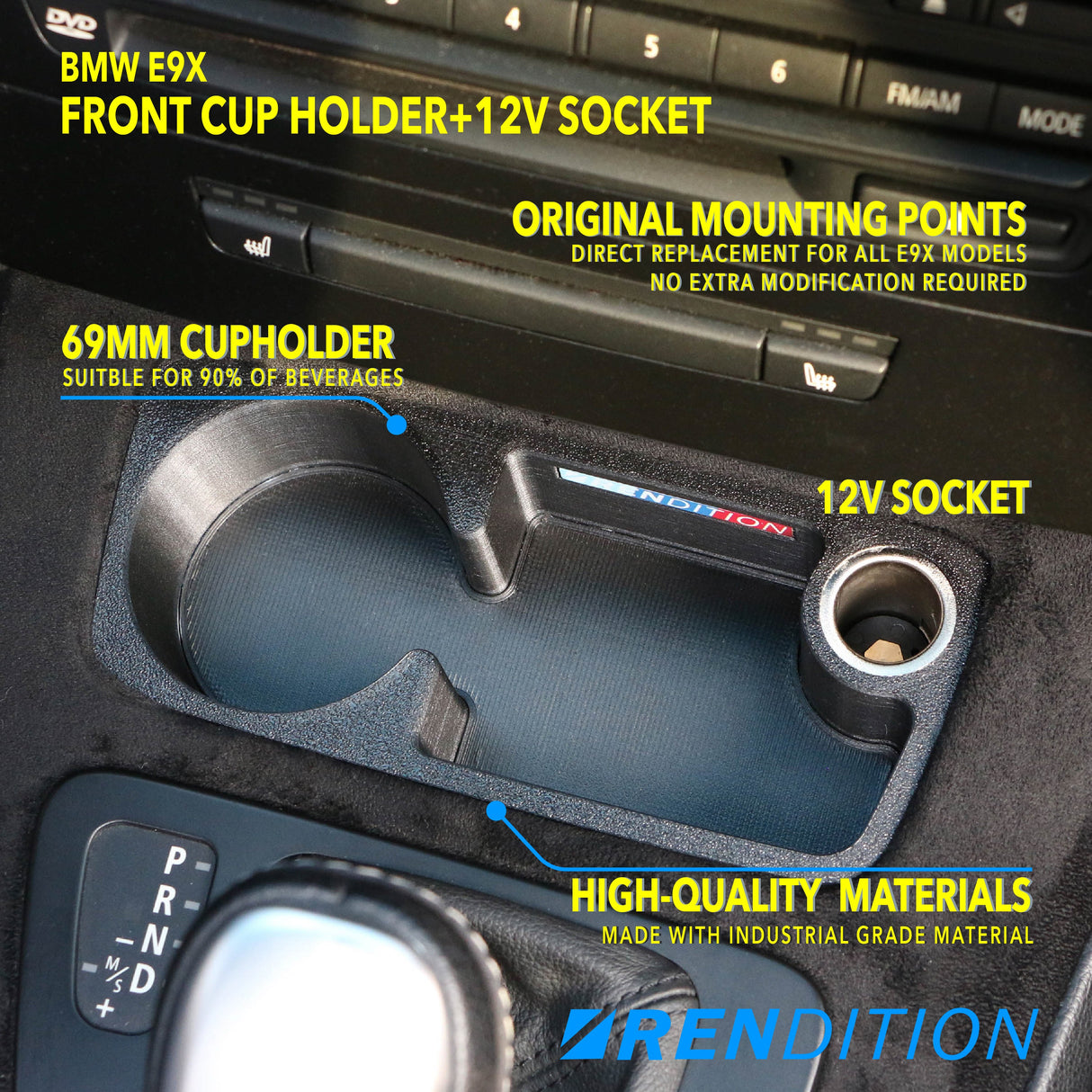 BMW E9X FRONT CUPHOLDER + 12V SOCKET - K2 Industries