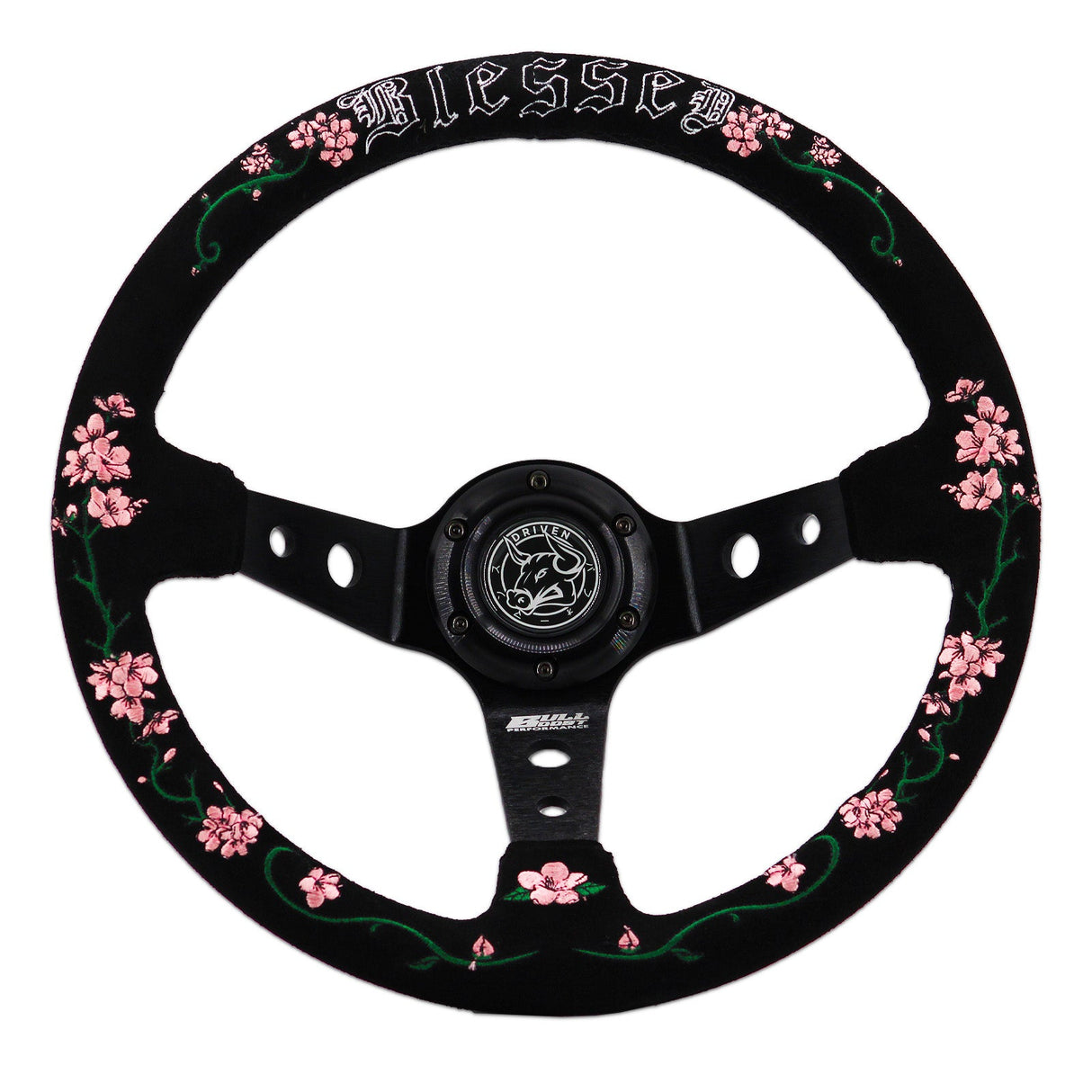 Blessed Universal 350mm 3" Deep Dish 6-Bolt Steering Wheel Red Suede Alcantara