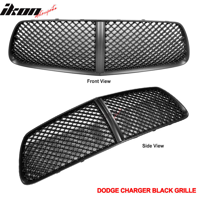Fits 11-14 Dodge Charger Front Upper / Bottom Black Mesh Hood Grille