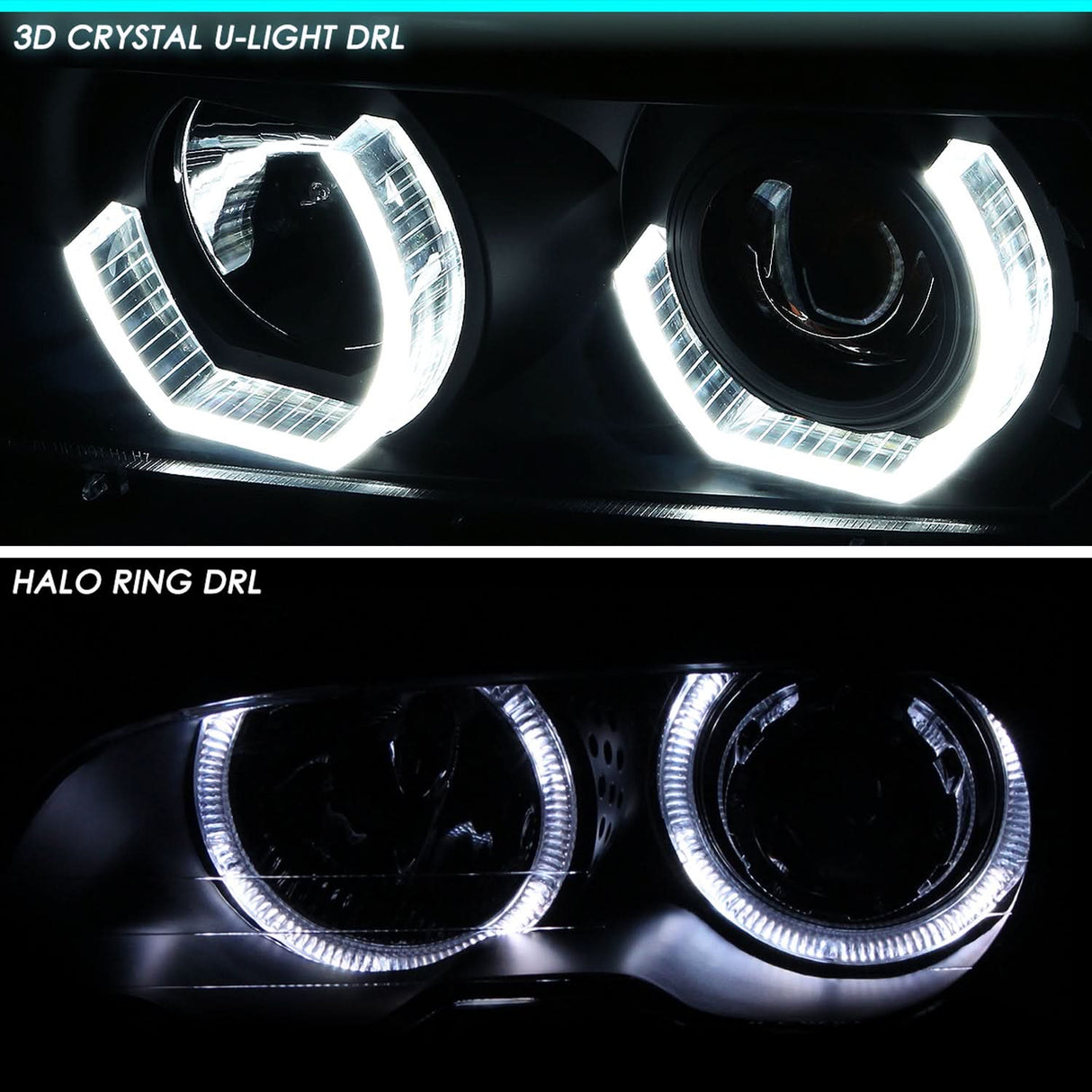 96-03 BMW 5 Series 3D Crystal Halo Projector LED Headlights Black