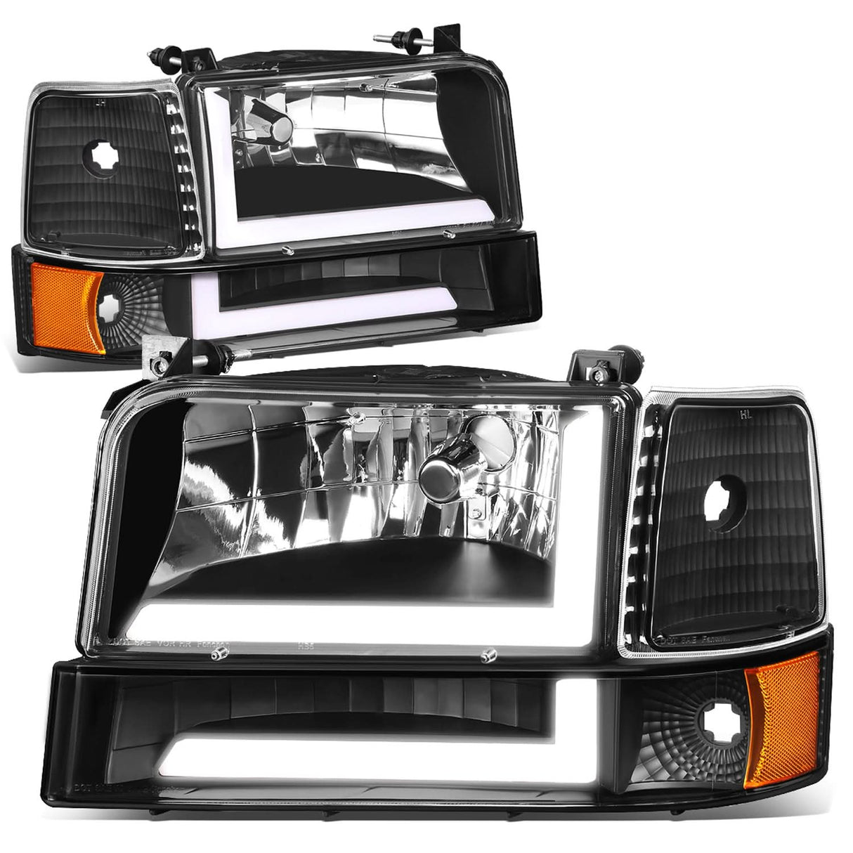 92-96 Ford F-150 F-250 F-350 Bronco Dual LED DRL Headlights Black
