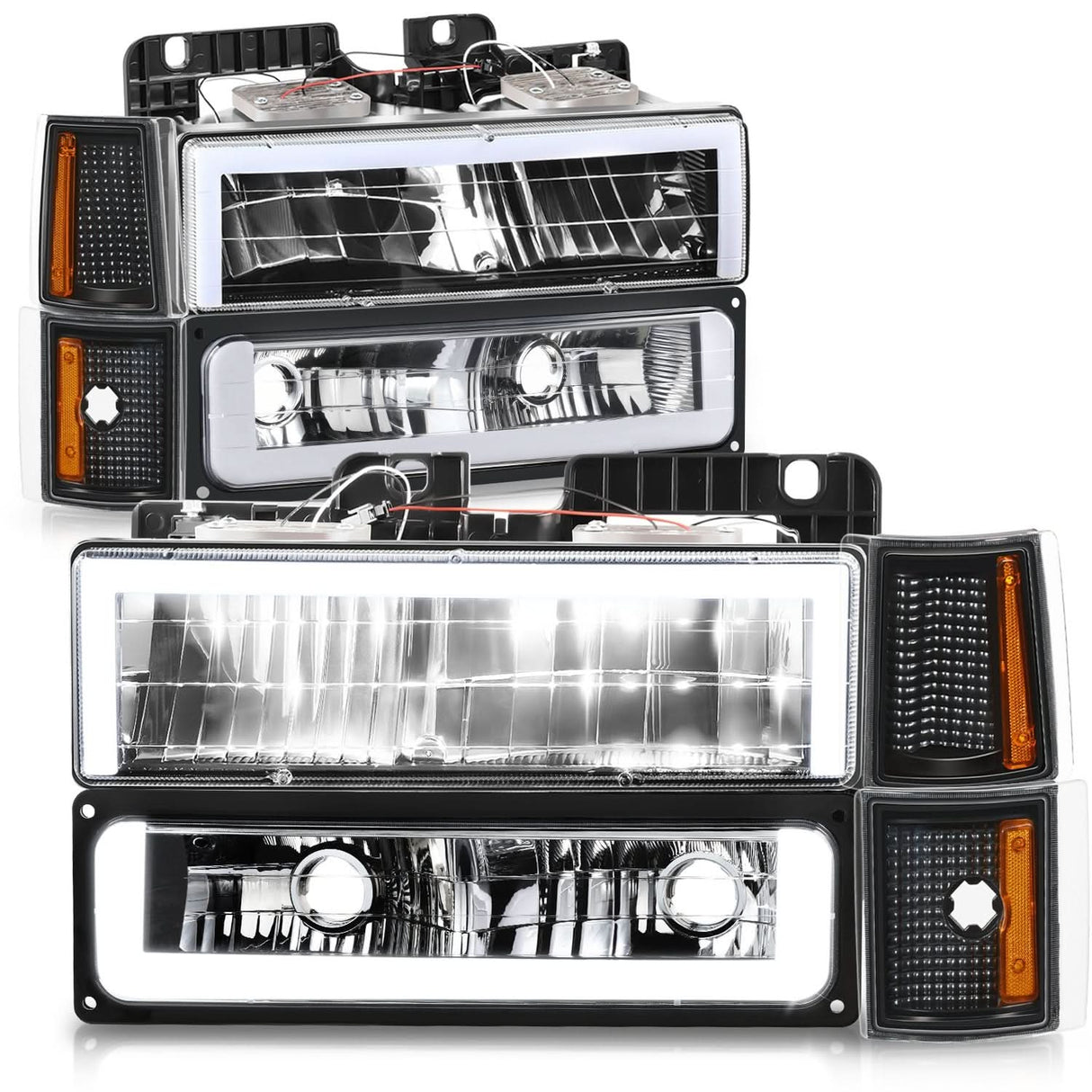 Clear Lens Amber Reflector Black Housing LED Bar Headlights 8PCS