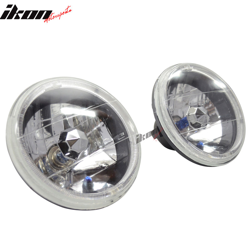 7in Round H4 Headlight w/ Halo Halogen Bulb Clear Lens Blue City Light