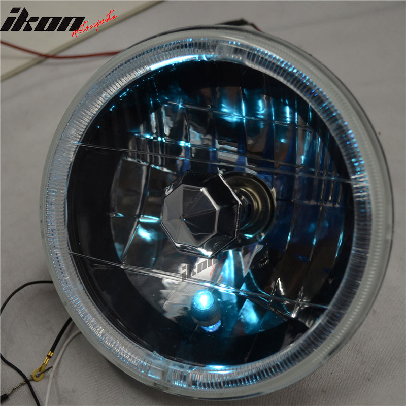 7in Round H4 Headlight w/ Halo Halogen Bulb Clear Lens Blue City Light