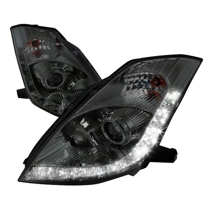 Spec-D Projector Headlights Nissan 350Z w/ OEM HID (06-09) LED DRL Strip - Black / Smoke / Clear