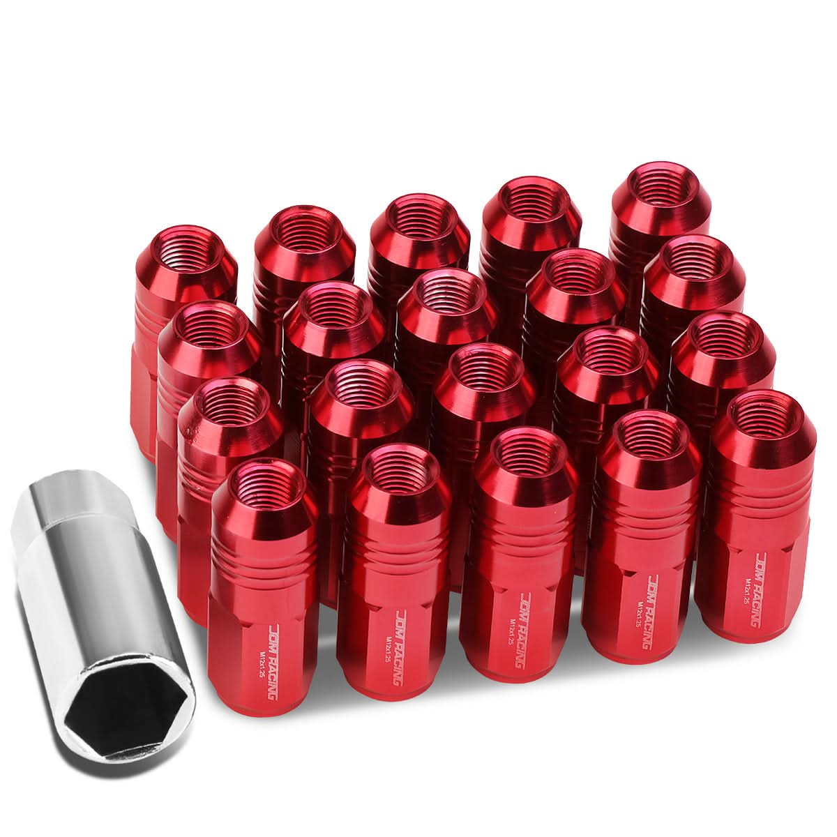 M12 x 1.25 Extended Grooved Shank Lug Nuts 50mm Red Aluminum 20pc