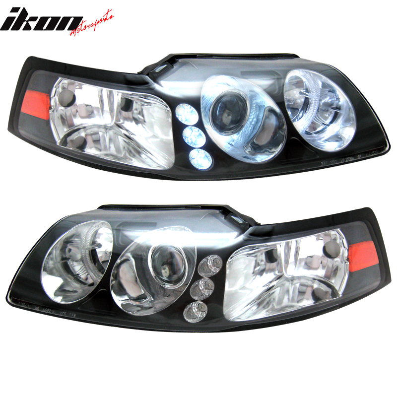 1999-2004 Ford Mustang Black Projector Headlights Lamps Amber Pair