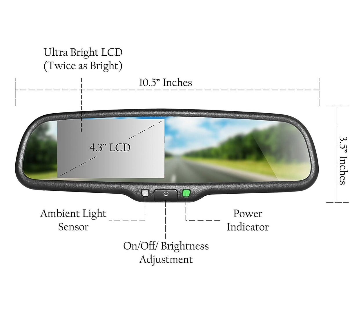 Master Tailgaters 10.5" Rear View Mirror with 4.3" LCD Screen + Dynamic Parking Lines | Rearview Universal Fit Mount | Auto Adjusting Brightness LCD | Anti Glare | Full Original Mirror Replacement