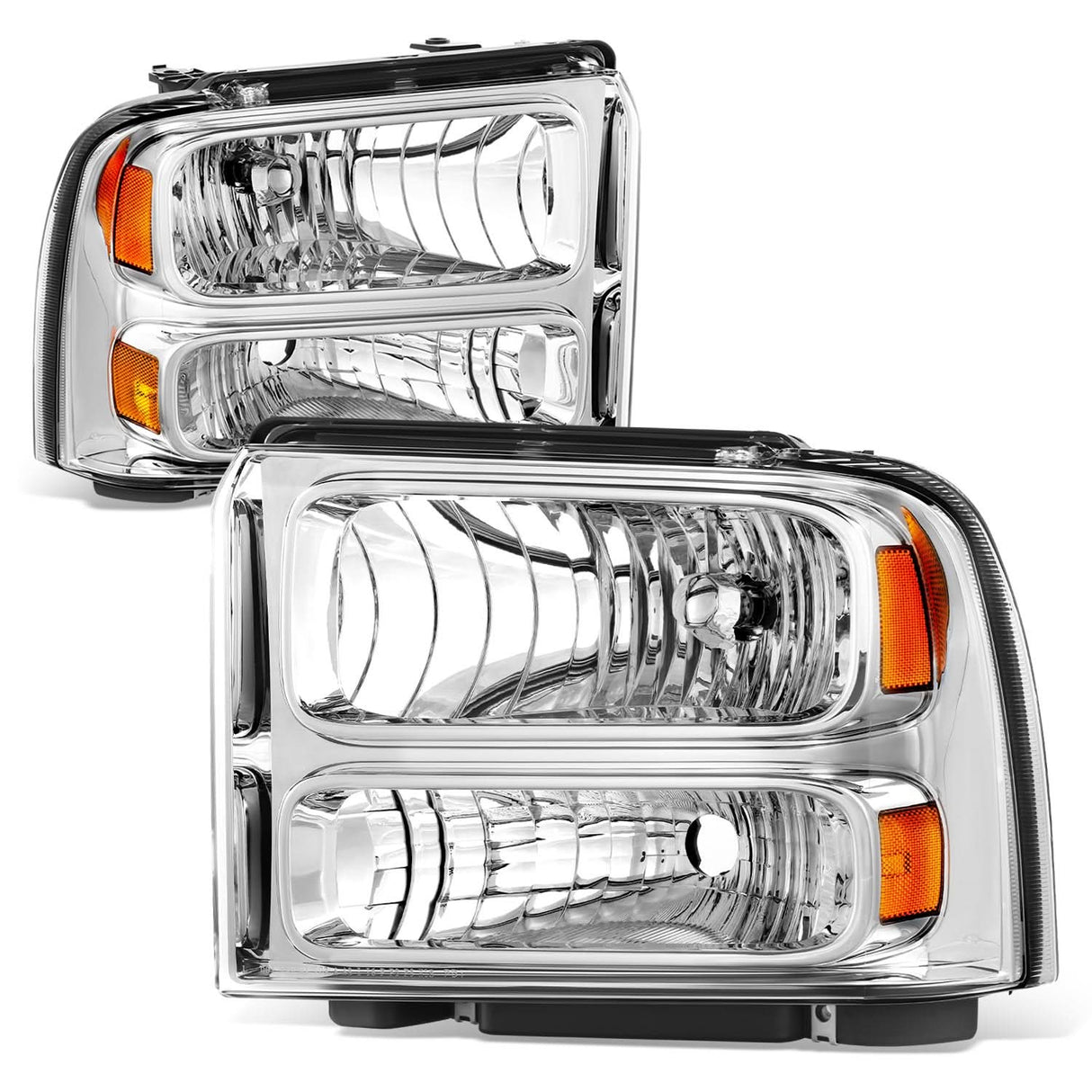 99-04 Ford Super Duty One Piece Headlight Chrome Housing Amber Reflector