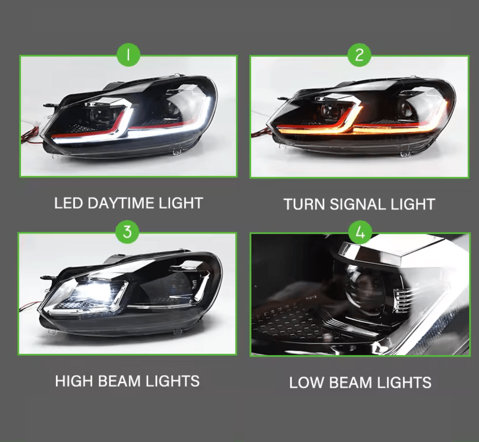 Volkswagen Golf MK6 Red, Silver, and Black Projector with Dynamic Signal LED Headlights (2009 - 2013) - K2 Industries