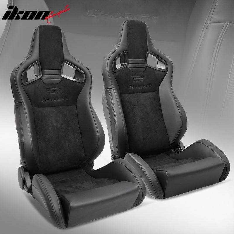 Universal 2x Reclinable Racing Seats Dual Slider Suede PU Carbon Leath
