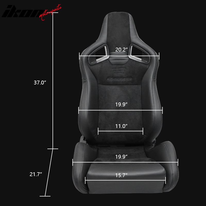 Universal 2x Reclinable Racing Seats Dual Slider Suede PU Carbon Leath
