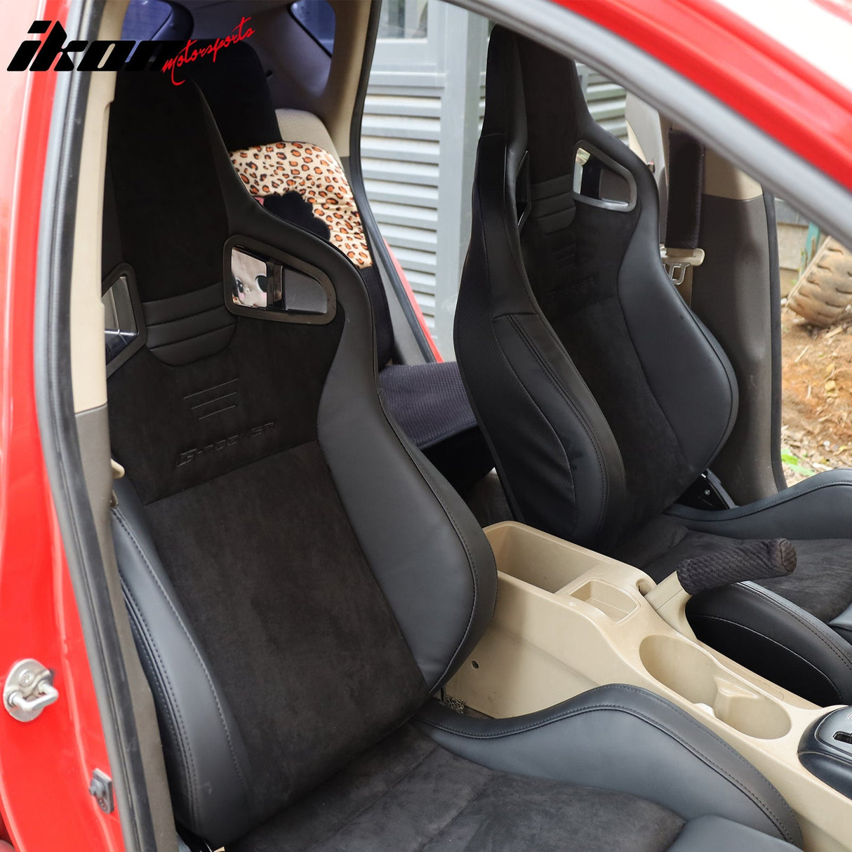 Universal 2x Reclinable Racing Seats Dual Slider Suede PU Carbon Leath