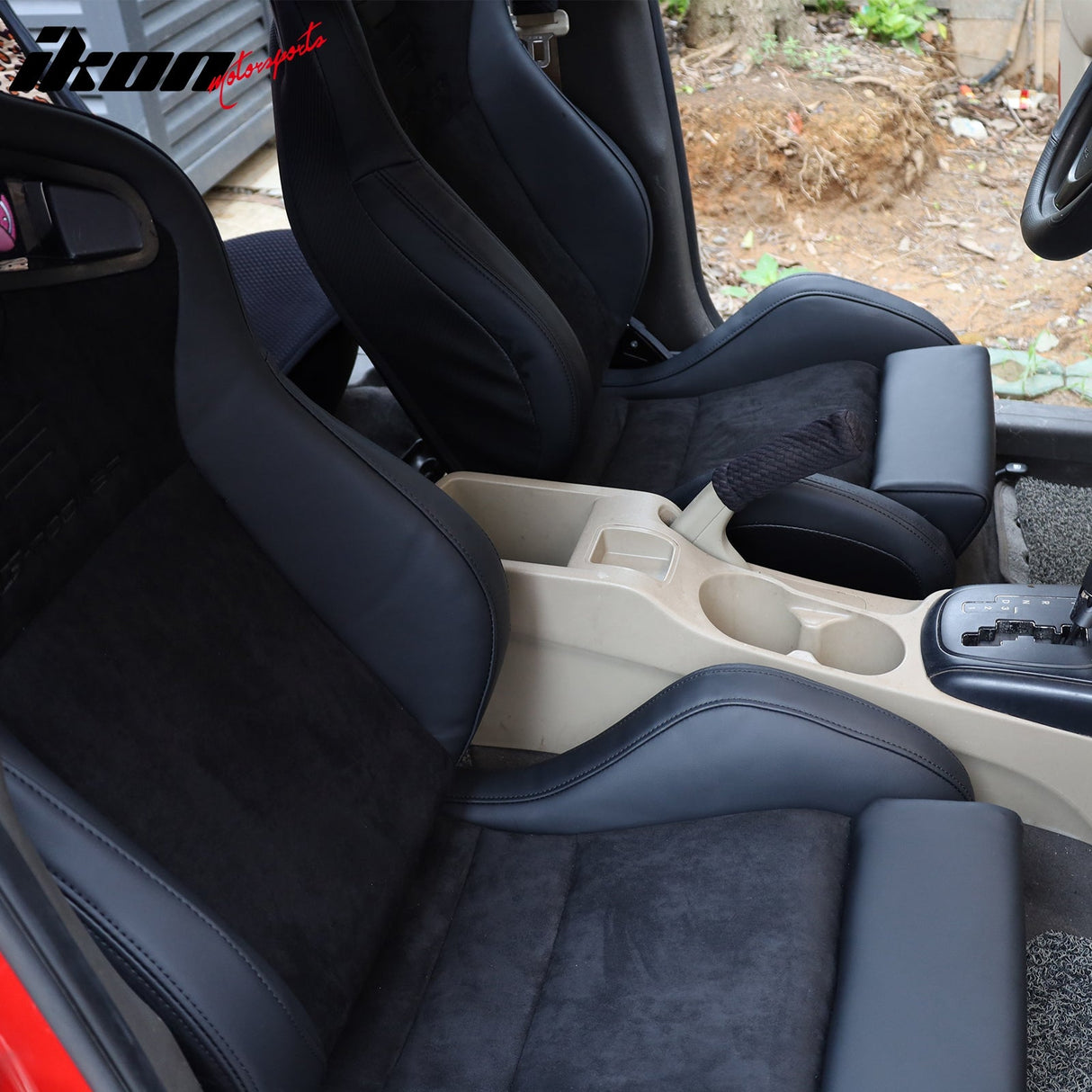 Universal 2x Reclinable Racing Seats Dual Slider Suede PU Carbon Leath